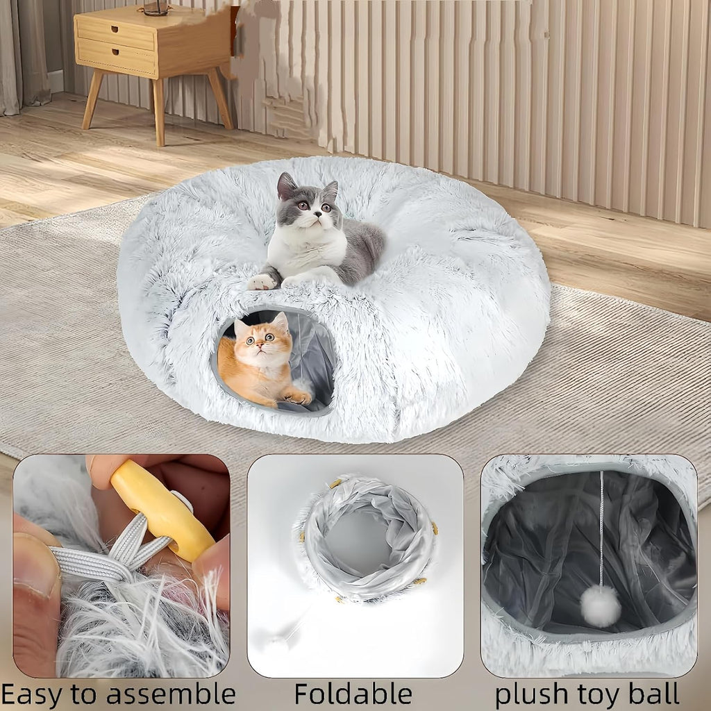 Large Cat Tunnel Bed for Indoor Cats with Hanging Pompom Toys