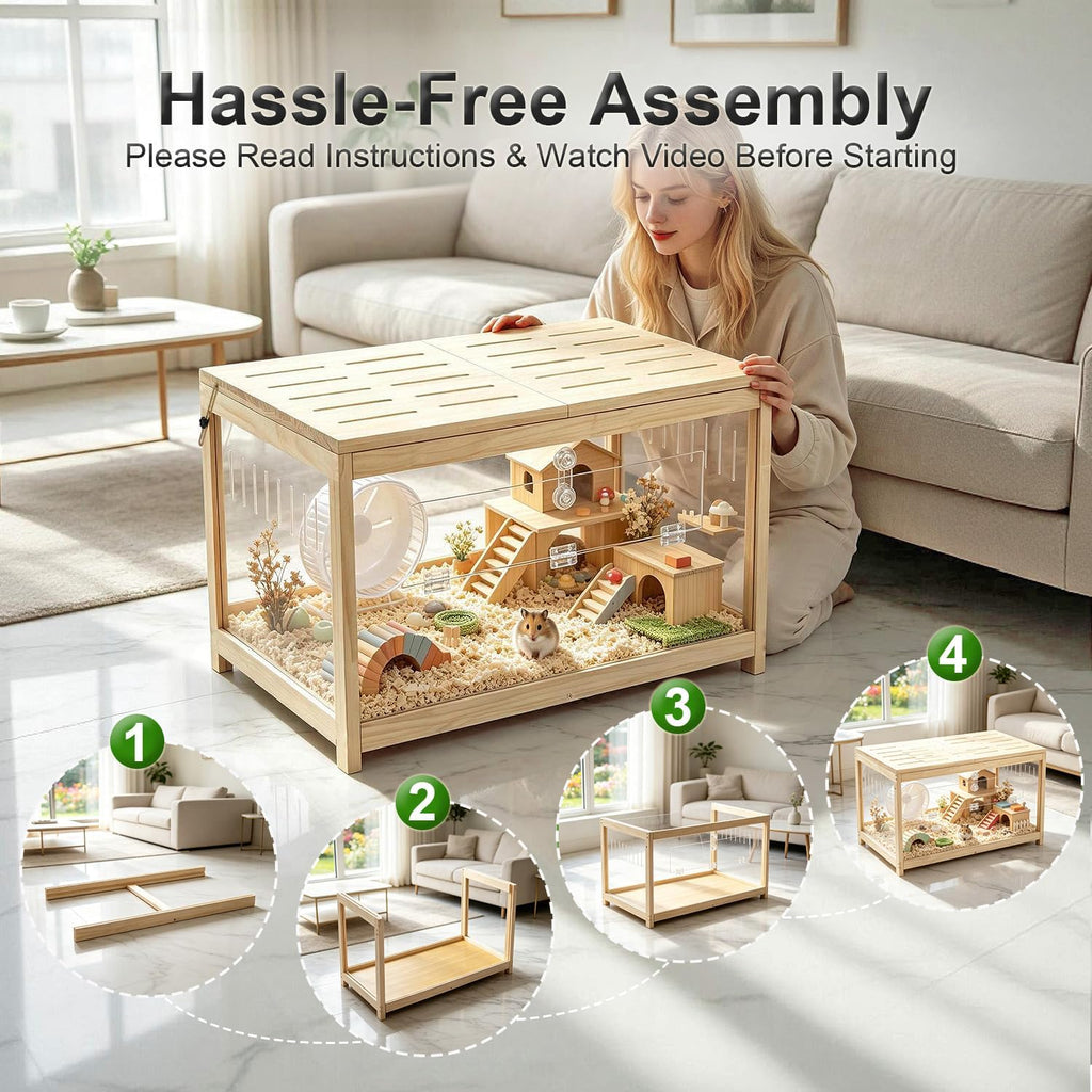 Hamster Cage with Open Top, Large Hamster Enclosure 31in, Wood