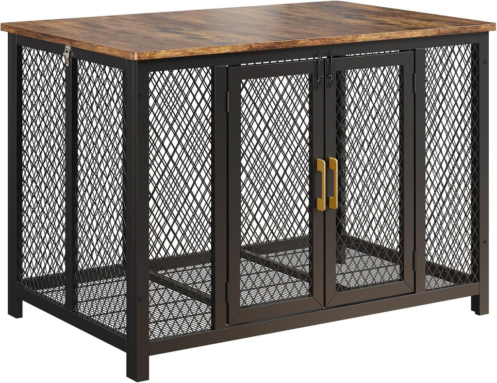 Dog Crate Furniture for Large Dogs, 48'' Flip Wooden Dog Kennel Indoor with 2 Doors, Latches, Heavy Duty Metal Dog Cage End Table, Farmhouse Dog Furniture for Large Medium Small Dogs, Brown