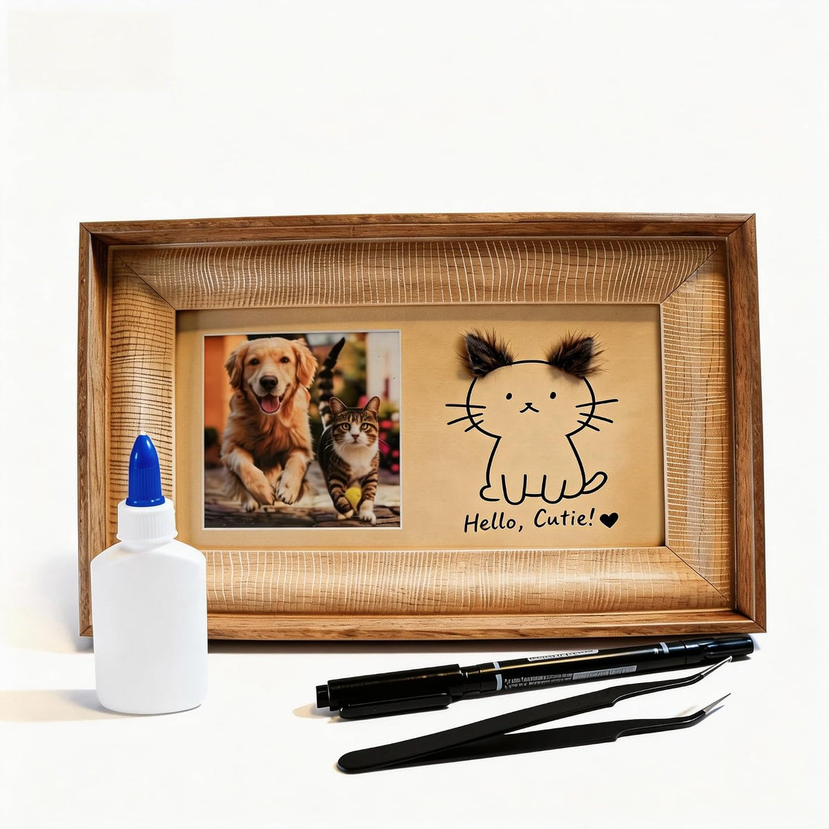 Pet DIY Frame with Hair Paste kit-DIY Memorial Keepsake for Cats and Dogs. Ideal Home Decoration and Gift. Pet Fur Keepsake kit with Customization Tool, Wooden Photo Print Frame. (Small)
