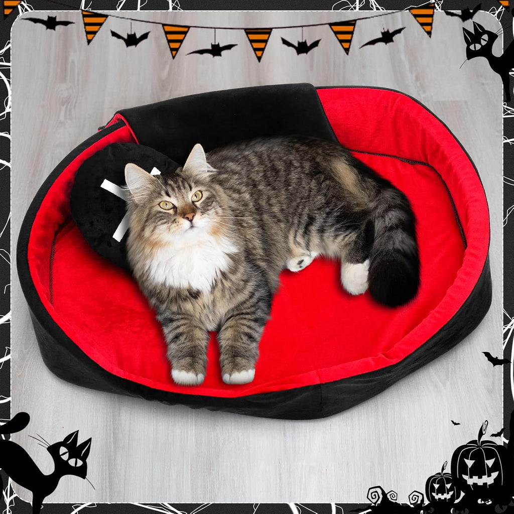 3 Pcs Gothic Coffin Cat Bed Set 19" Red Black Cat Bed Washable