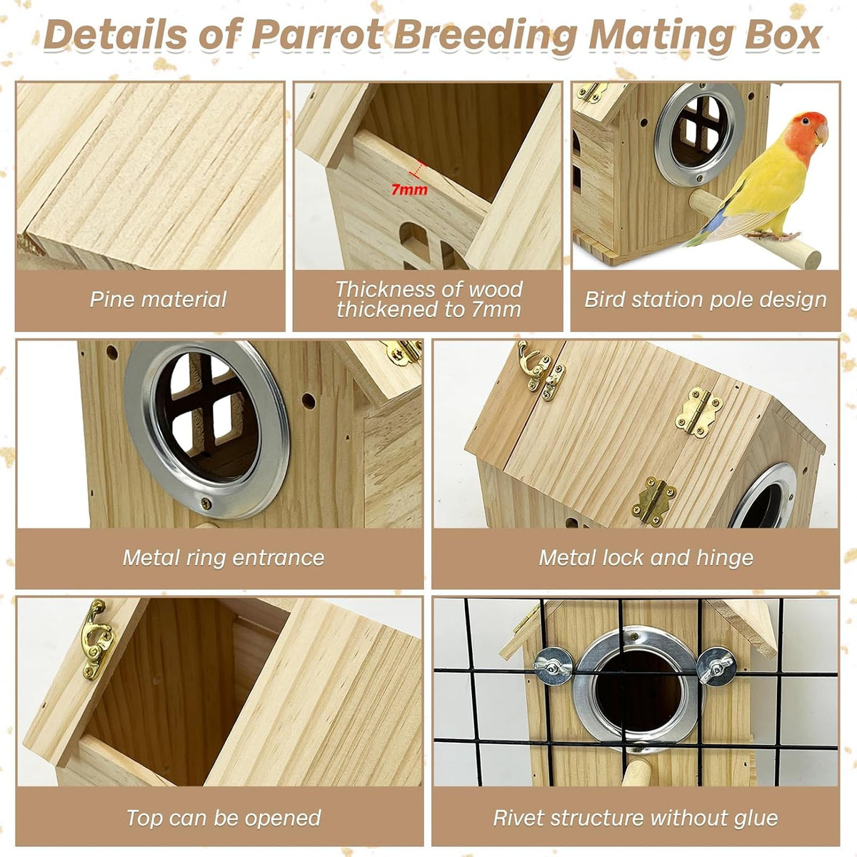 PINVNBY Parakeet Nesting Box Wooden Bird House for Cage Parrot Breeding Mating Box for Lovebirds CockatielFinch Cockatoo Canary and Small and Medium-Sized Birds (L: 7.91 * 6.81 * 6.69 inch)