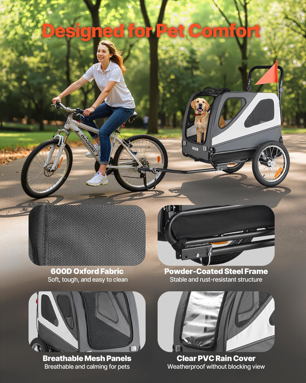 VEVOR Dog Bike Trailer, 2-in-1 Bicycle Carrier Supports up to 66/88/100 lbs