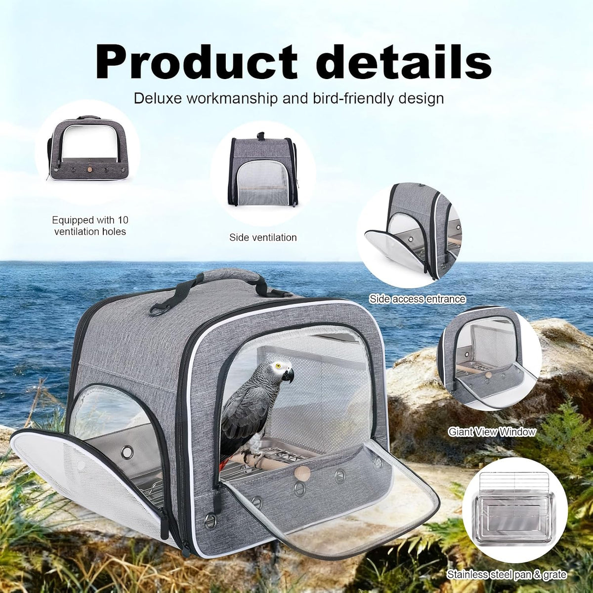 Bird Transport Carrier for Large Bird with Perch Stand Tray and Grate