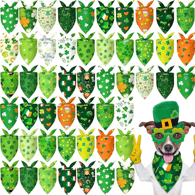 Abbylike 50 Pcs St Patrick's Day Dog Bandanas Bulk Green Shamrocks Bandanas by Abbylike