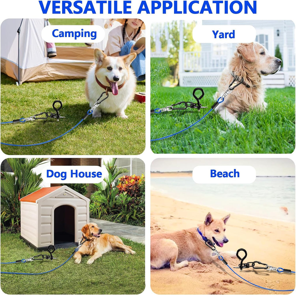 Heavy Duty Dog Tie Out Cable&Stake,30FT Dog Leads,Spiral Stake,Up to 200lbs
