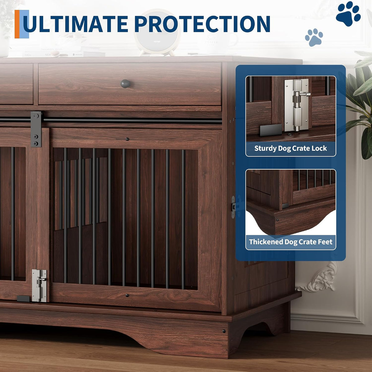 47" Large Dog Crate Furniture,Dog Furniture Crate with 2 Storage Drawers & Removable Divider for Large/Medium/Small Dogs (Brown)
