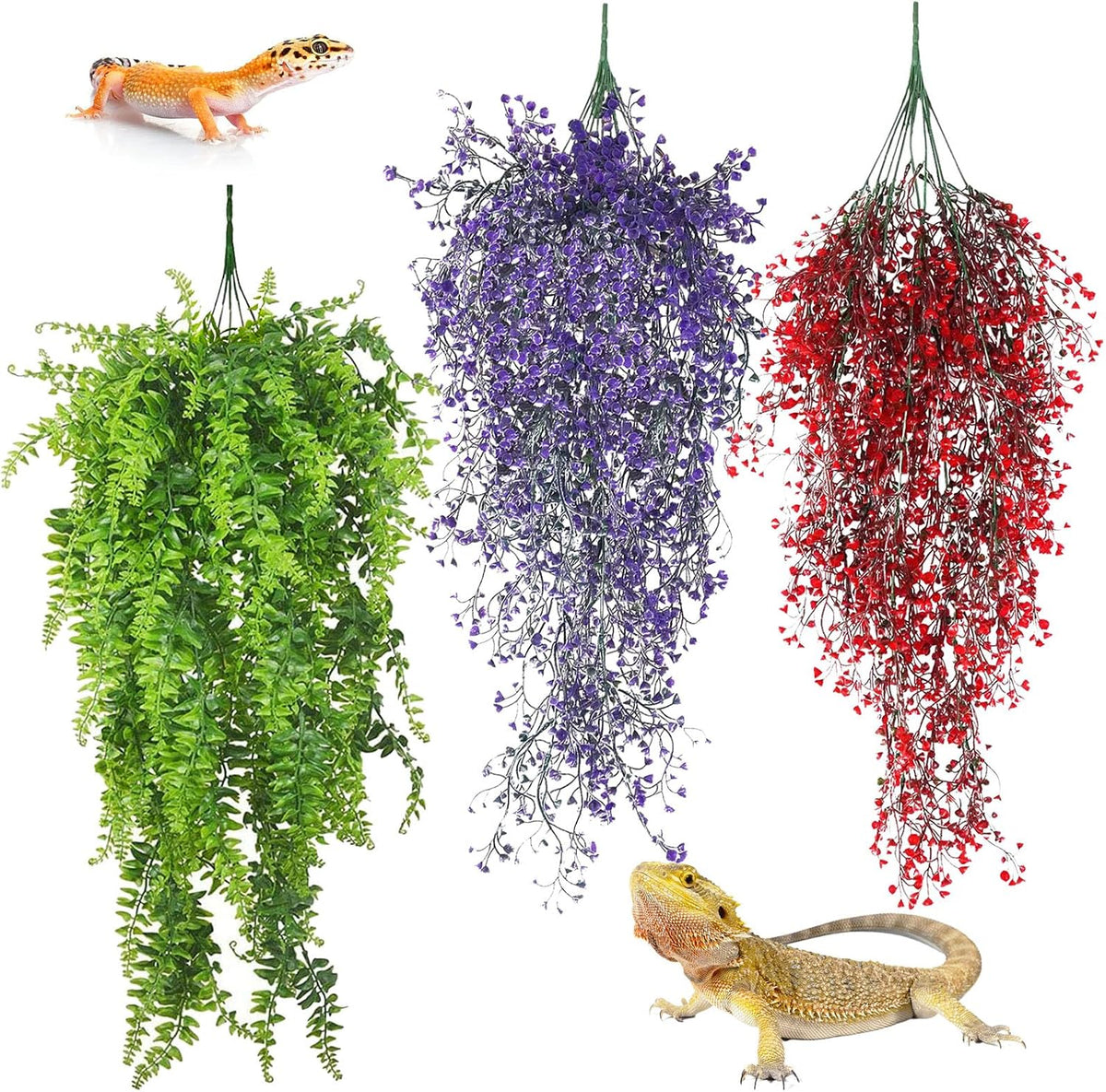 PINVNBY 3 Pack Reptile Plants Terrarium Hanging Fake Vines with Suction Cup Artificial Leaves for Bearded Dragons Lizards Geckos Snake Hermit Crab (Green, Purple and Red)