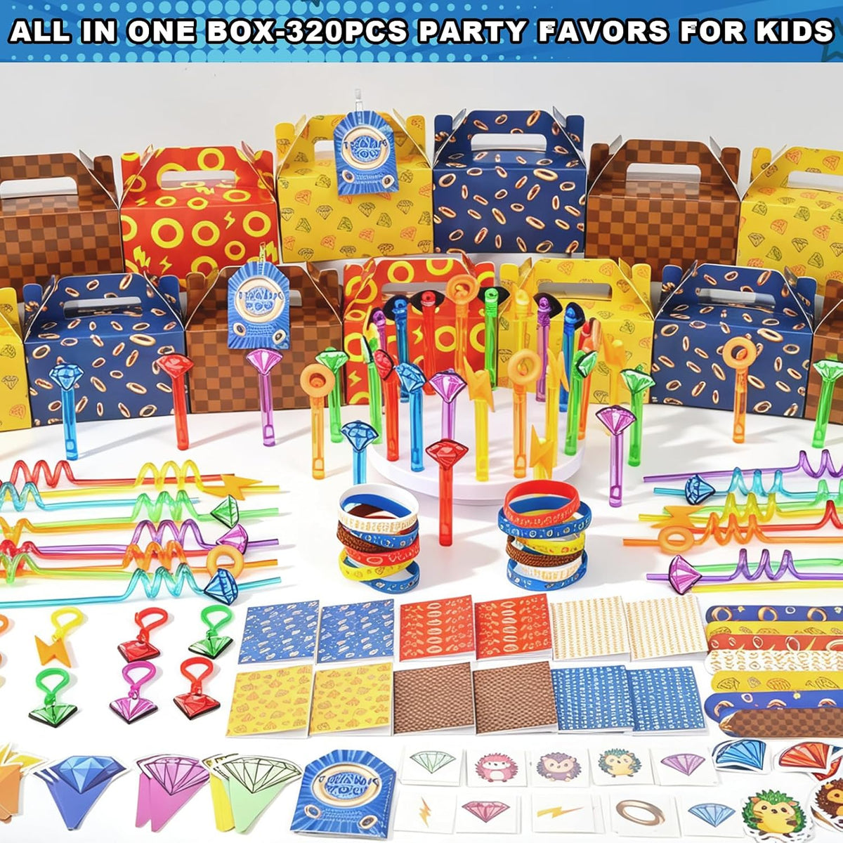 320PCS Party Favors Hedgehog Theme Birthday Party Decorations Supplies Blue and Golden Rings Goodie Bags Stuffers Gift Bag Pinata Fillers