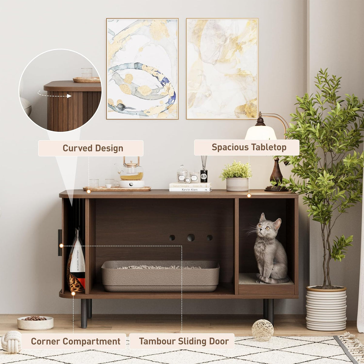 37.4" Cat Litter Box Enclosure with Scratch Pad, Sliding Door