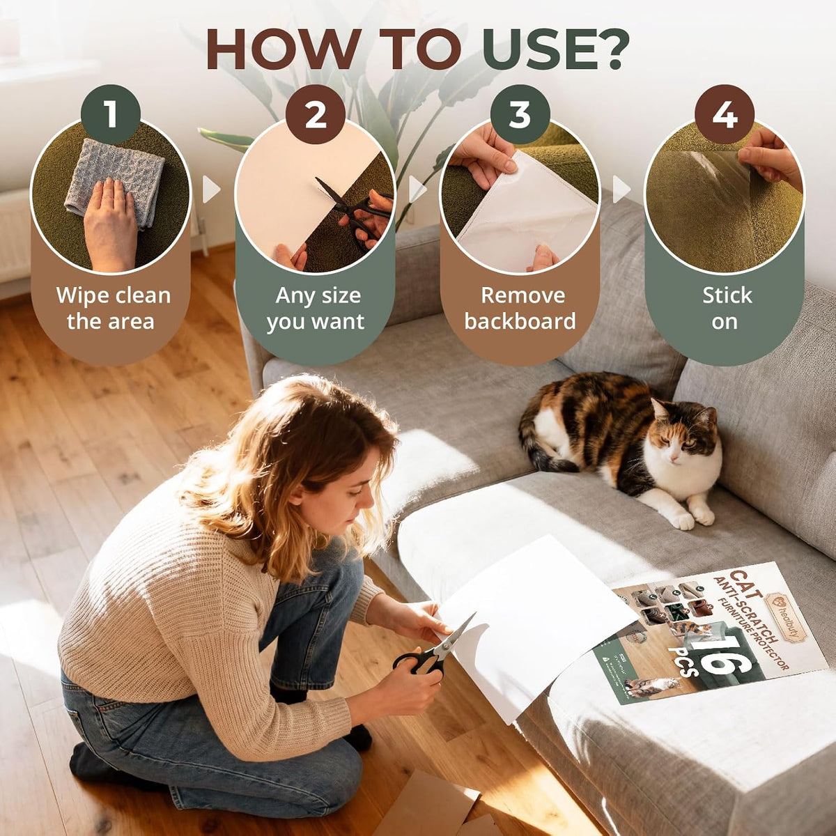 Cat Scratch Furniture Protector, 16 Pack Self Adhesive Tape, Heavy Duty Flexible Corner Guards for Couch, Sofa, Doors, Walls, Chairs, Armrests, No Residue, No Pins, Cat Scratch Protection Kit