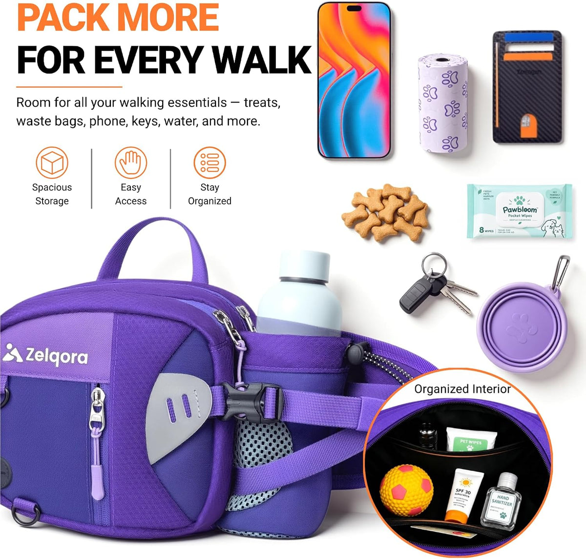 Dog Fanny Pack for Walking & Training, 5 Pockets, Bottle Holder (Purple)