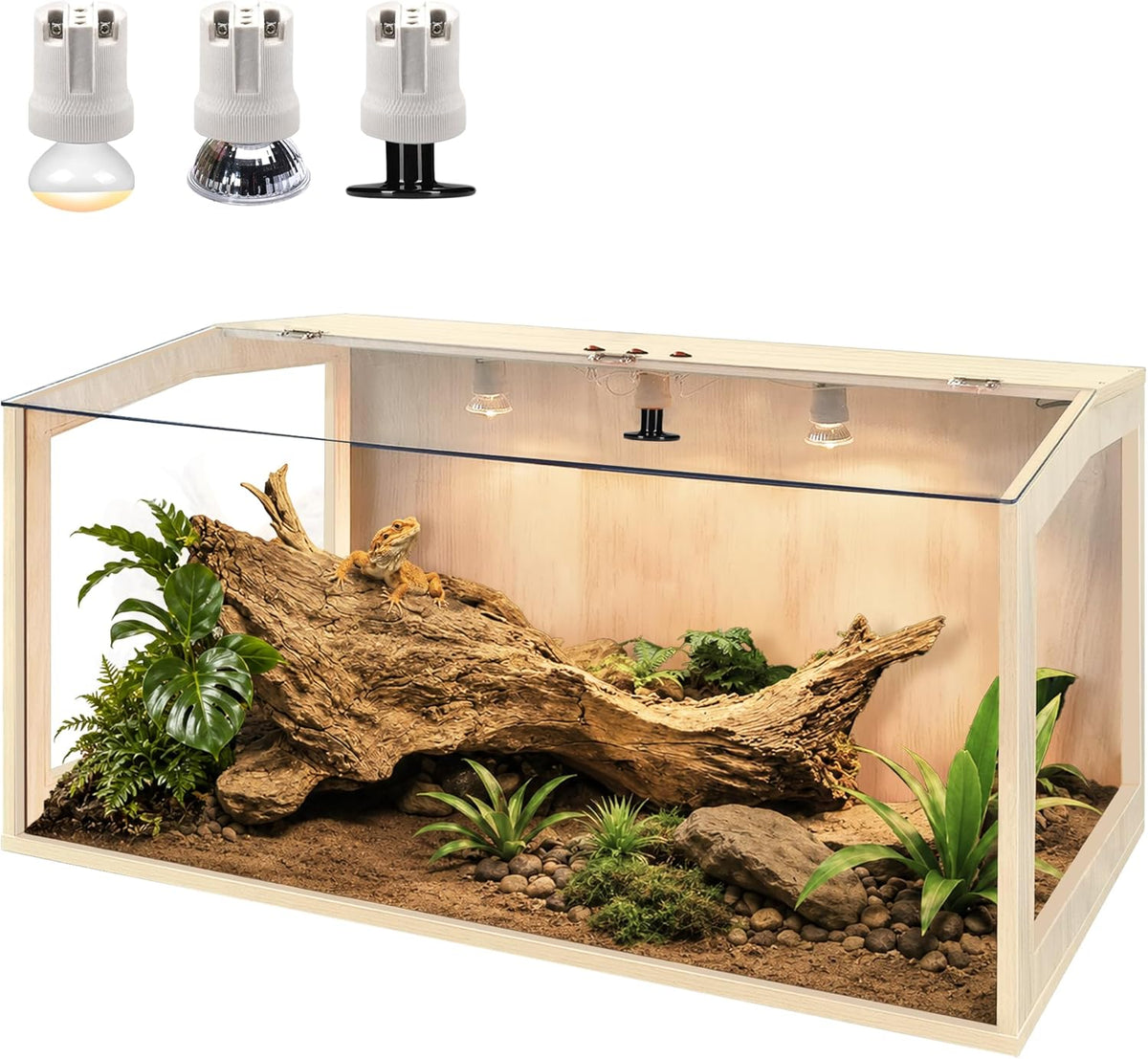 PROLEE Bearded Dragon Tank, Lizard Tank with Clear Tempered Glass, Anti-Scratch Reptile Enclosure, Reptile Tank Built-in Light Fixtures with Switch (47X18X18inch)