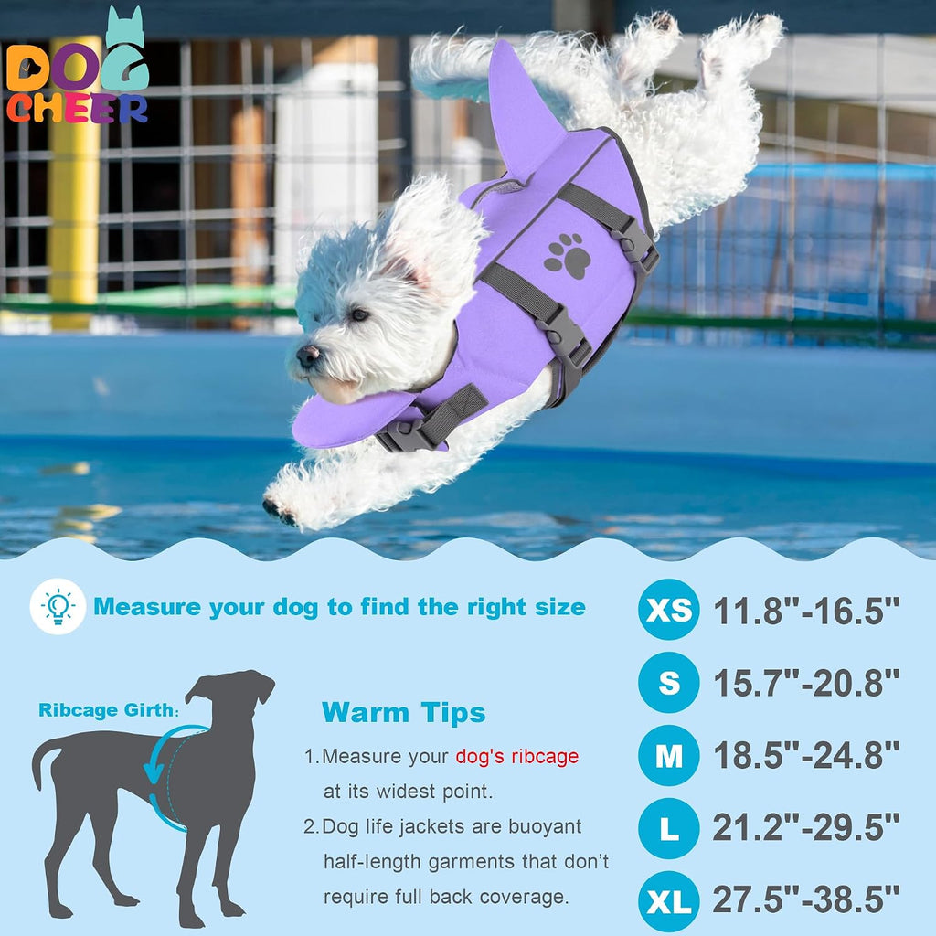 Dogcheer Dog Life Shark Jacket with Chin Float, Dog Swim Vest, Purple-L