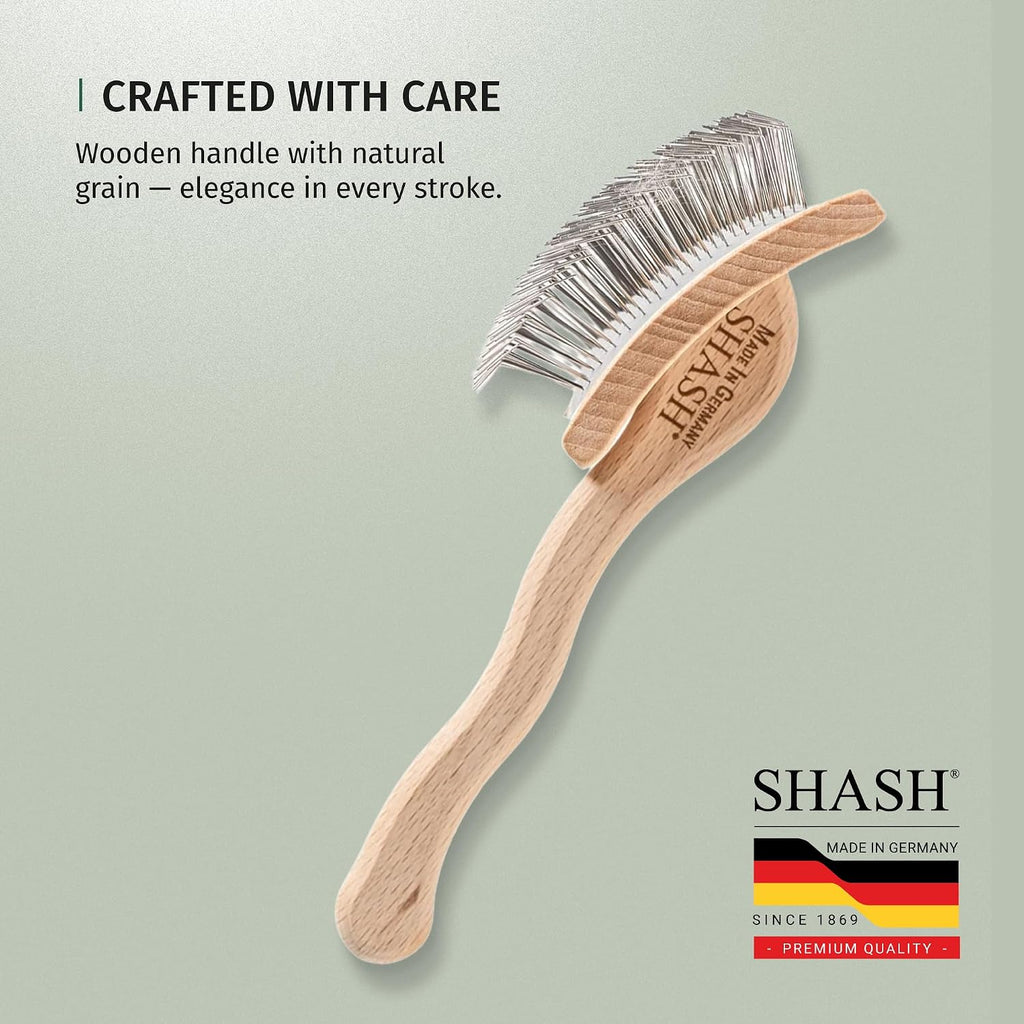SHASH Since 1869 Hand Made in Germany Slicker Pet Brush with Curved Metal Pins and Rubber Cushion - Helps Detangle Knots, Eliminate Frizz, Reduce Pulling & Snagging