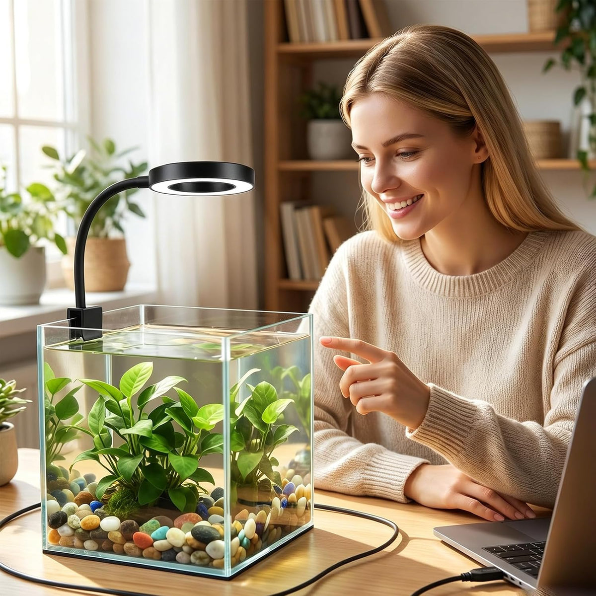 Small Aquarium Light Clip on Fish Tank Light LED USB Full Spectrum Light with Dimmer Multi-Color White+Blue+Red for 1-5 Gal Betta Tank (Adapter NoT Included, No Timer)