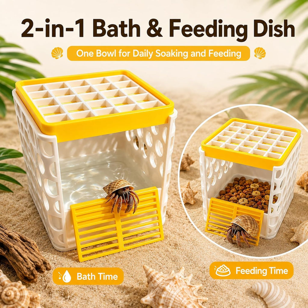Hermit Crab Bath Pool, Hermit Crab Pool with Detachable Non-Slip Ramp, 2-in-1 Bathing & Feeding Terrarium Habitat Accessory, 3D Printed Anti-Drowning Crawler Basin, Durable Easy Clean Indoor Pet Tank