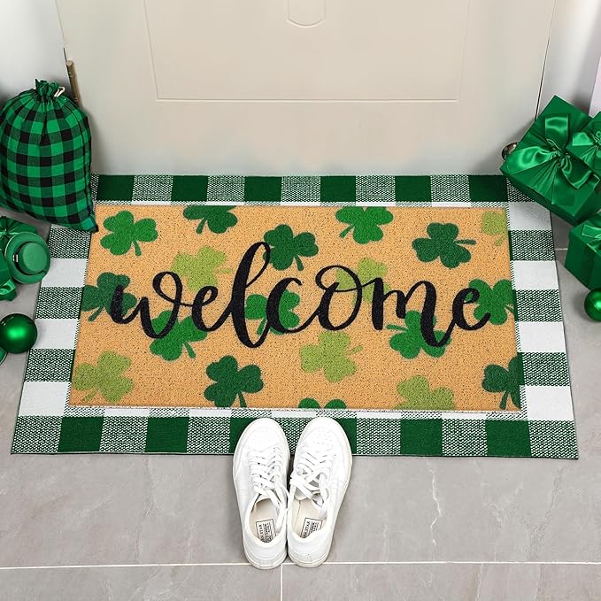 Tinideya 2 Pcs St. Patrick Day Door Mat Welcome Non Slip Coir Mats Clover - Image 5