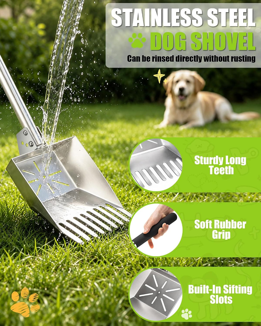 71" Stainless Steel Pooper Scooper, 3-Adjustable Angle Dog Shovel & Rake