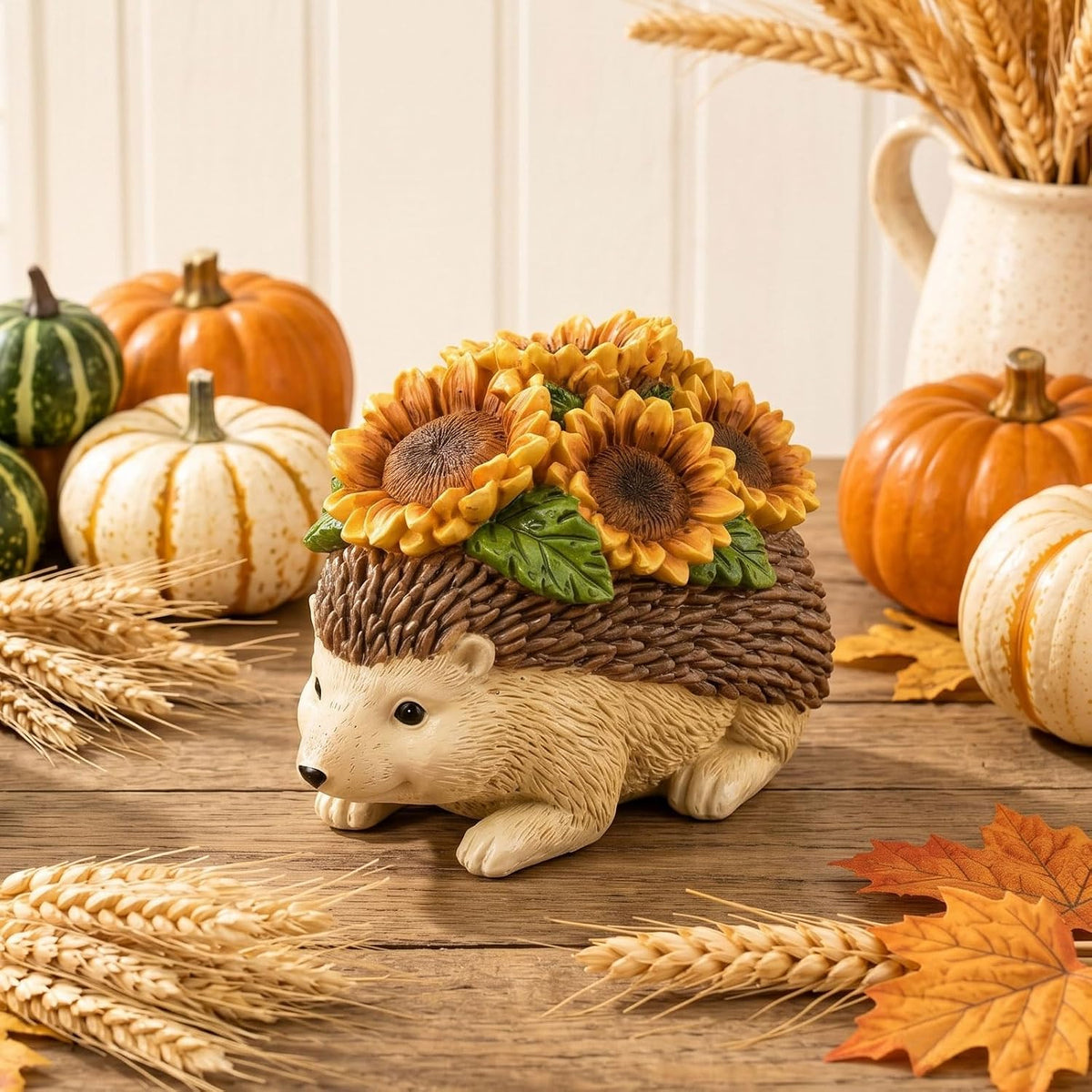 Fall Hedgehog Figurine with Sunflowers, Table, Shelf, Home Decor