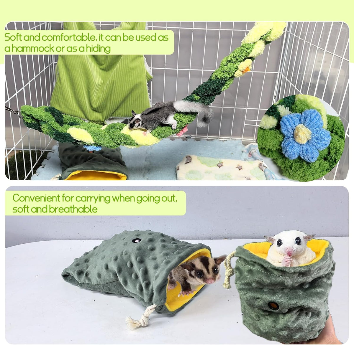 Hamiledyi Rat Hammock 5 Pack Sugar Glider Bed Climbing Ropes Toys Ferret Tunnel Hanging Hammock Swing Hideout Cage Accessories for Hamster Mice Small Animals