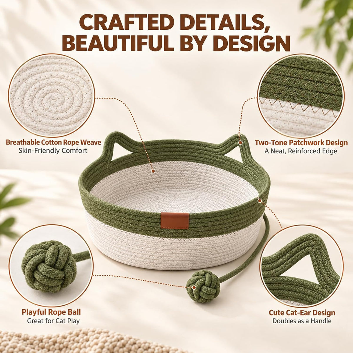 Instinct Basket for Cats, Minimal Creases Cat Bed, Brown, Large