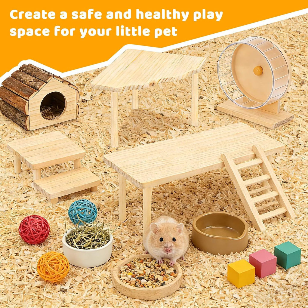 Wooden Hamster Play Platform, Gerbil Cage Wood Stand with Pillars, Hamster Cage Decorative Platform, Small Animal Resting Area