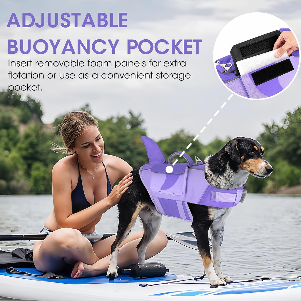 Dogcheer Shark Dog Life Jacket, High Buoyancy Dog Life Vest with Removable Foam Panels, Rescue Handle & Reflective Stripes, Dog Swimming Vest for Swim-Loving, Beginner, Senior & Weak Dogs, Purple XS