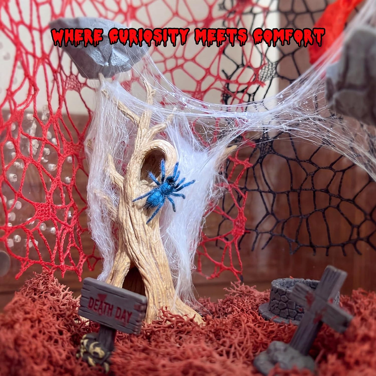 16 Pcs Jumping Spider Habitat Decor Kit - Gothic Tree Trunk Hide with 2 Magnetic Rock Ledges & Red Moon Platform - Spooky Dark Aesthetic Enclosure Accessories, Climbing Net & Moss Set