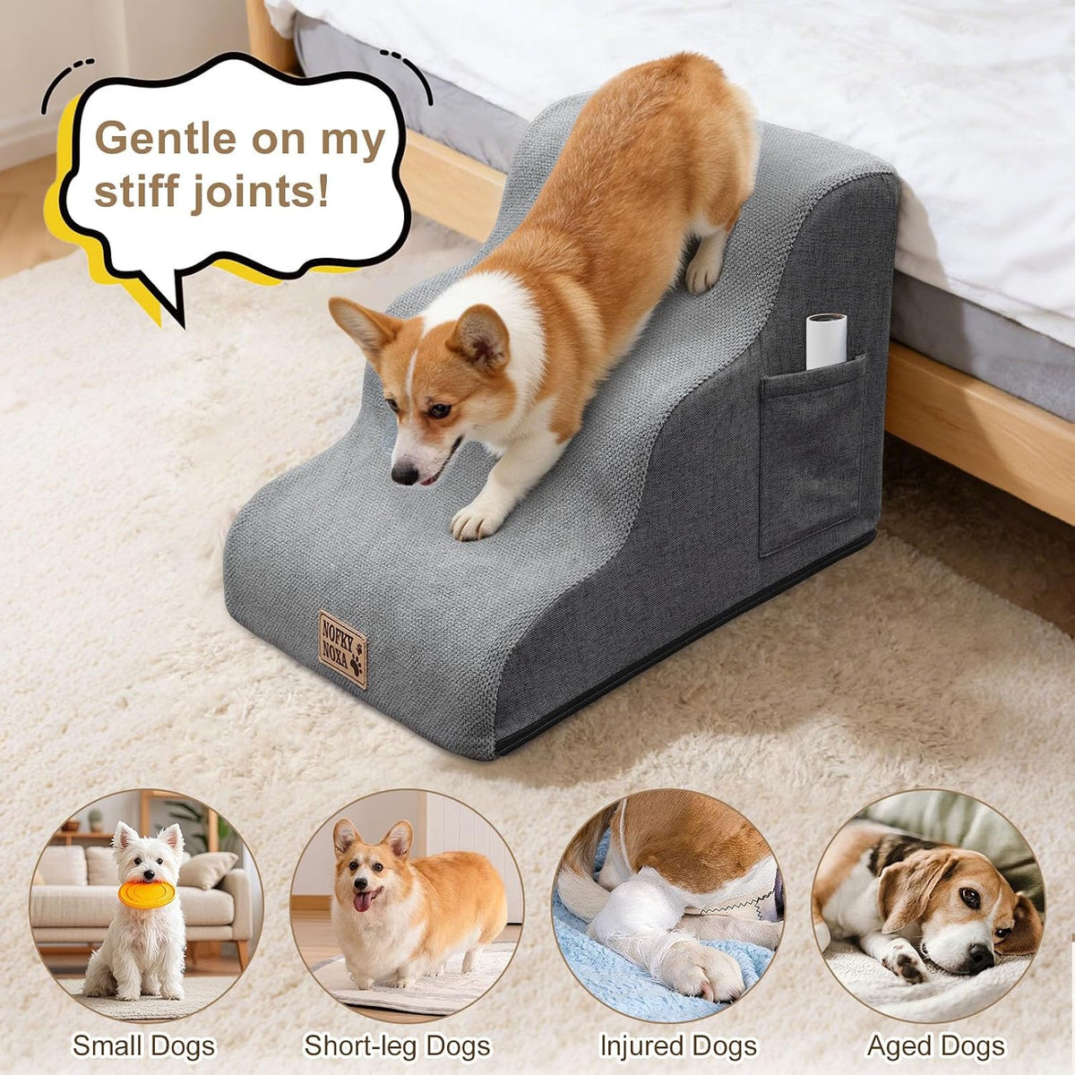 3-Step Dog Stairs for Small Dogs & Cats, 15.7" H Non-Slip Pet Steps with Side Storage Pocket, Sturdy High Density Foam Dog Ramp for Sofa, Couch & Chair, Washable Cover, Grey