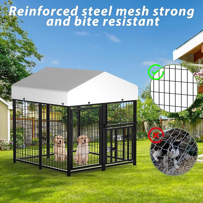 LOVMOR Outdoor Dog Kennel with Roof, Heavy Duty Steel Dog Run Enclosure - Image 5