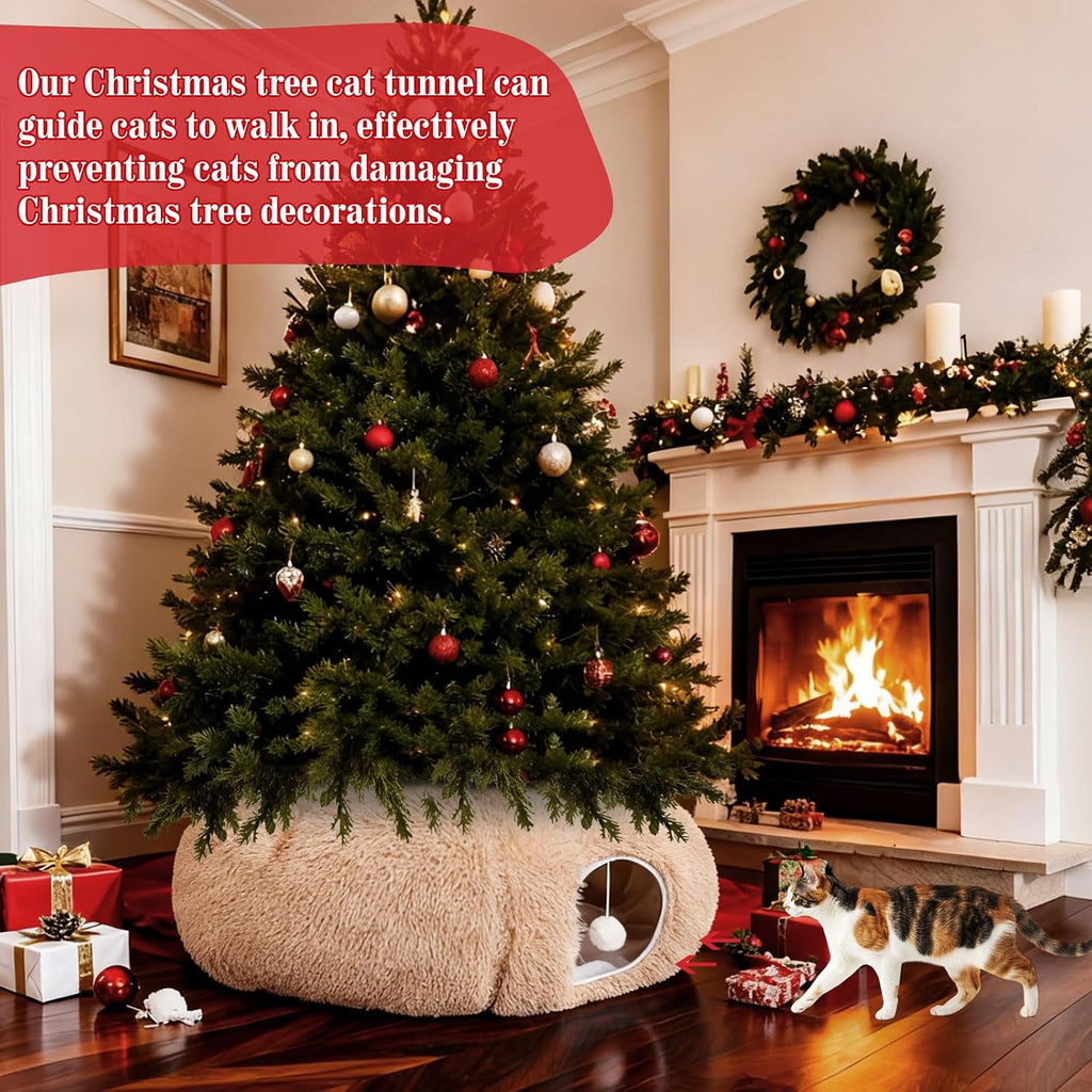Christmas Tree Cat Tunnel 36 in Donut Bed, Beige, Plush, Fluffy