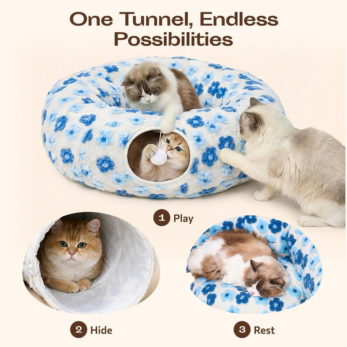 Meowfia Indoor Cat Tunnel with Donut Bed - Large Flexible Play Space for Multiple Pets - Circle or Snake Shape, Cozy Lounge (Blue Blossom)