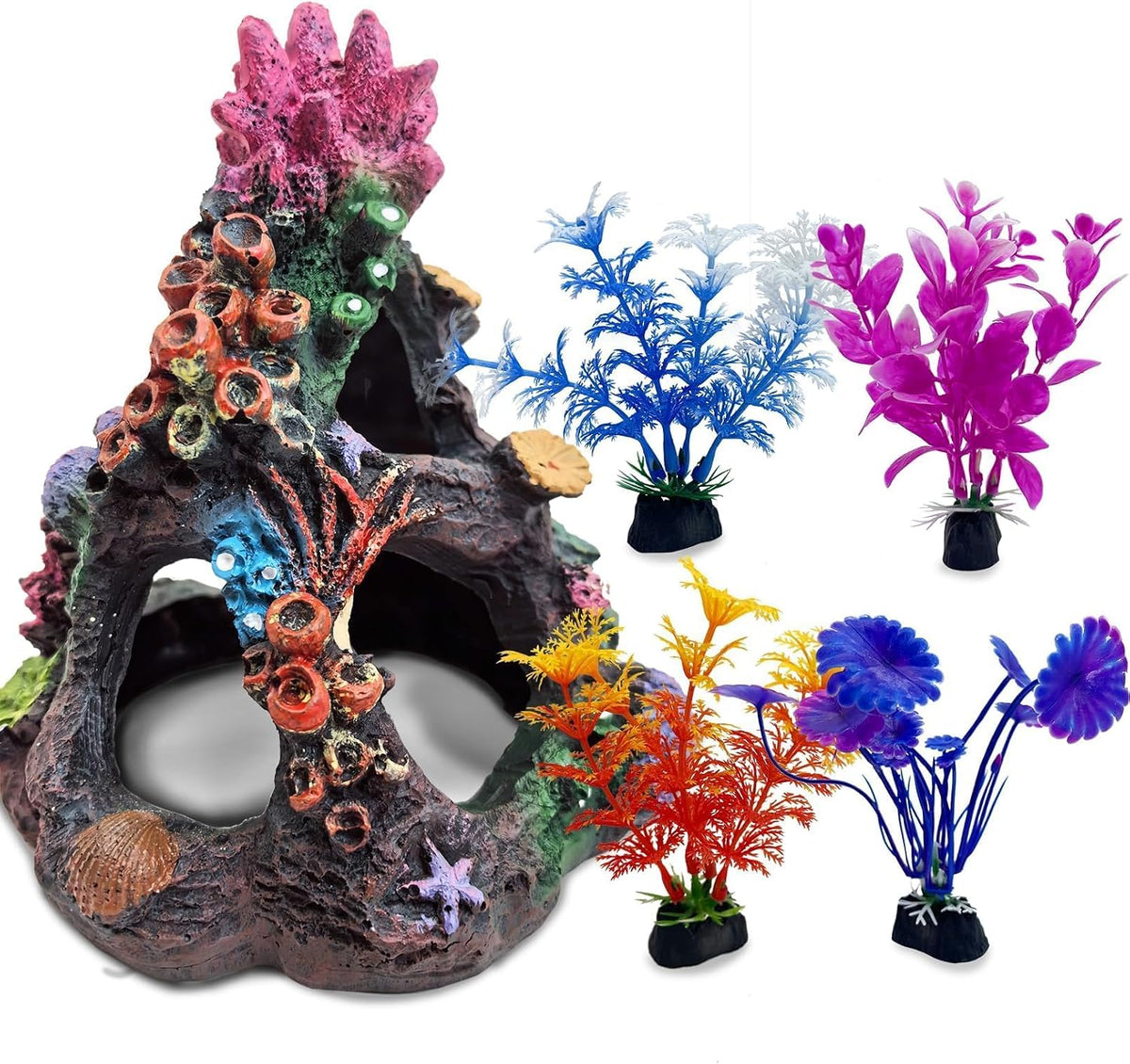Coral Small Fish Tank Decorations with 4PCS Artificial Aquarium Plants