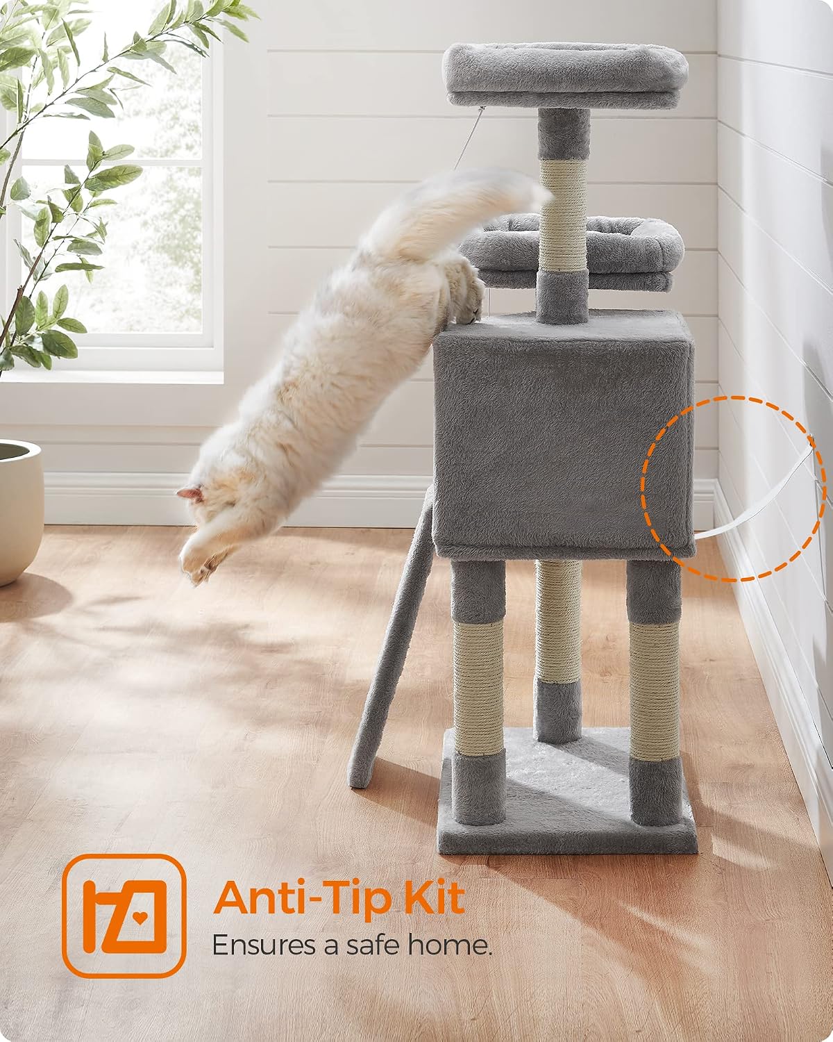 Feandrea Cat Tree, 45.3-Inch Cute Cat Tower, Climbing Condo, Light Gray