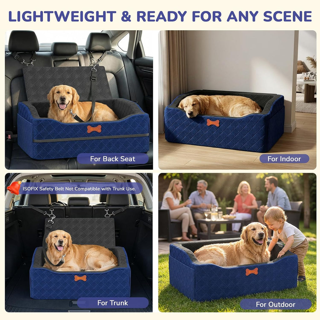 Dog Car Seat for Medium Large Dogs, 4" Elevated Dog Booster Seat with ISOFIX Safety Fixation, Washable Cover & High Density Memory Foam, Portable for Car Front/Rear/Trunk Home Outdoor Use (Navy Blue)