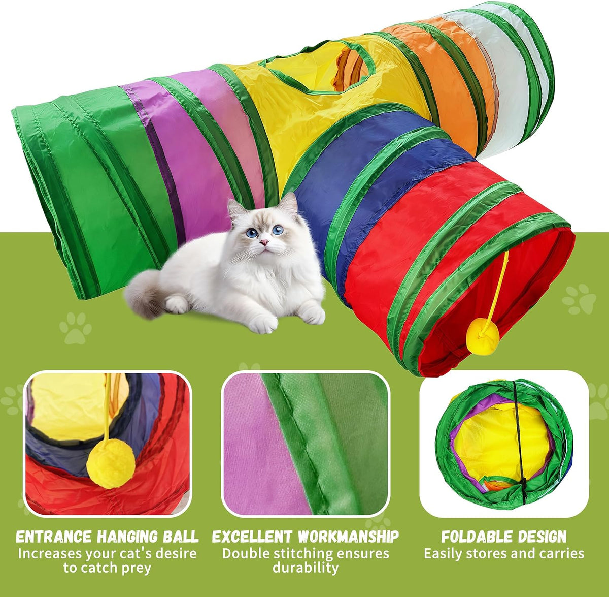 Cat Tunnel,Cat Tunnels for Indoor Cats Interactive, Pet Tunnel Toys for Cats Kitten Rabbits,3 Way Collapsible,Rainbow L 32" T Shape