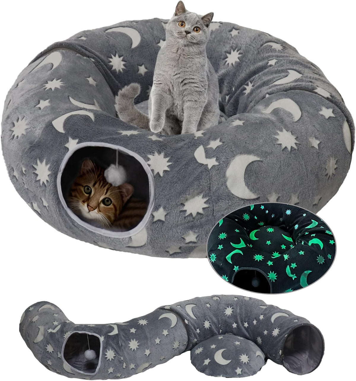 Cat Tunnel Bed for Indoor Cats with Washable Cushion Cat Cave Donut Tunnel with Fluffy Ball Big Round Tube Pet Playground Toys Soft Plush Peekaboo for Kitten, Cat, Puppy, Rabbit, Ferret（Brown）