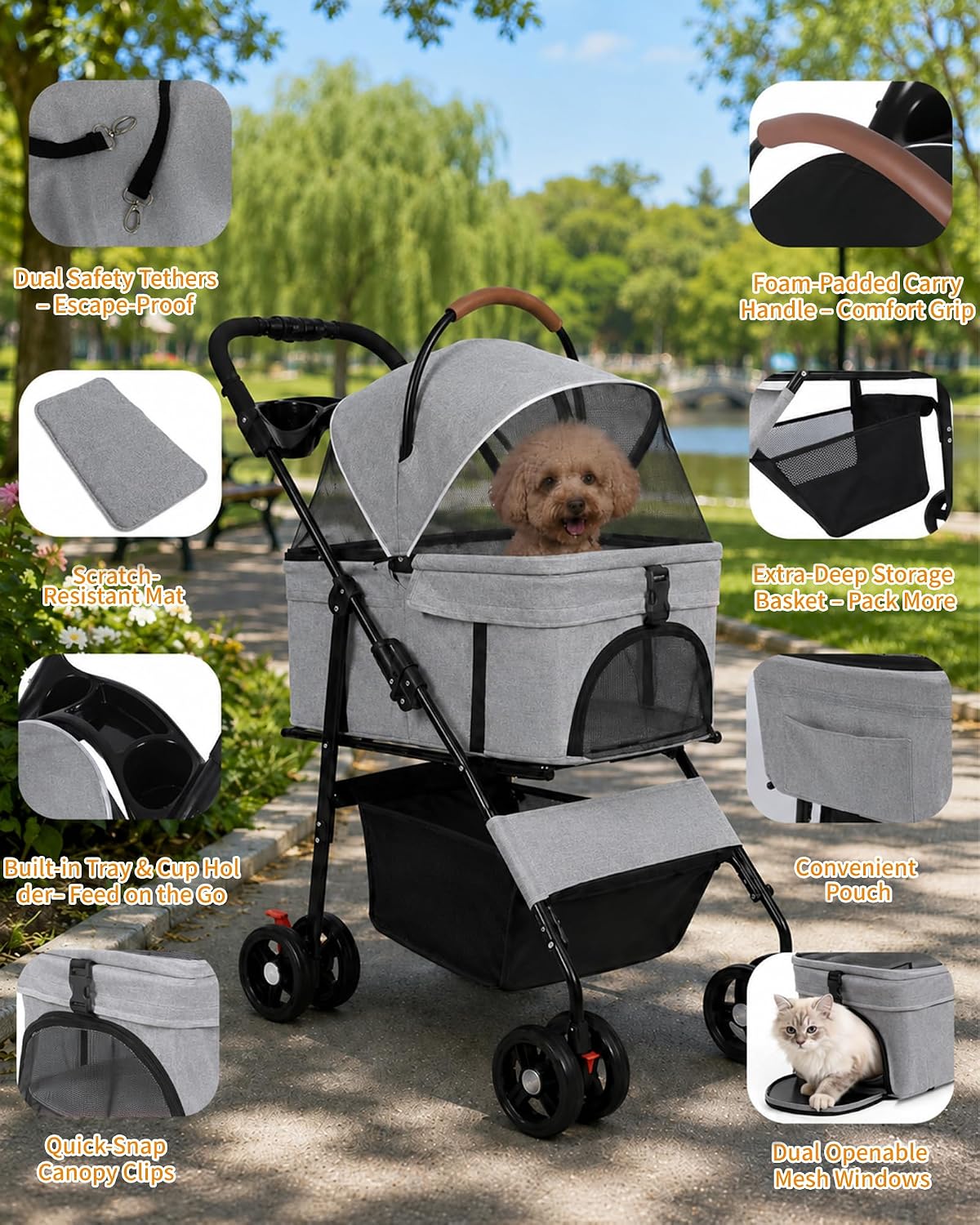 Pet Stroller, 3 in1 Foldable Dog Cat Stroller with Detachable Carrier-Gray