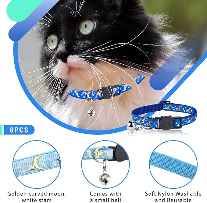8 PCS Cat Collars with Bell Moons Stars, Reflections Cat Collar with Bells - Image 2