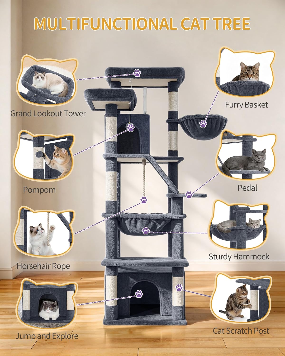 Hzuaneri Large Cat Tree, 72 Inch Tall Multi-Level Cat Tower for Indoor Cats