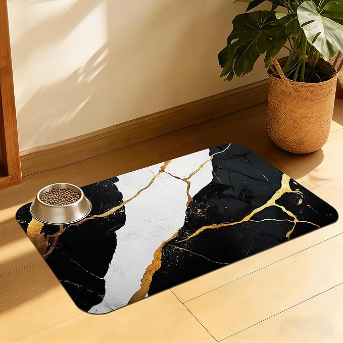 Black Gold Marble Dog and Cat Food Mat, Absorbent Feeding Placemat, Waterproof by QSOQSO