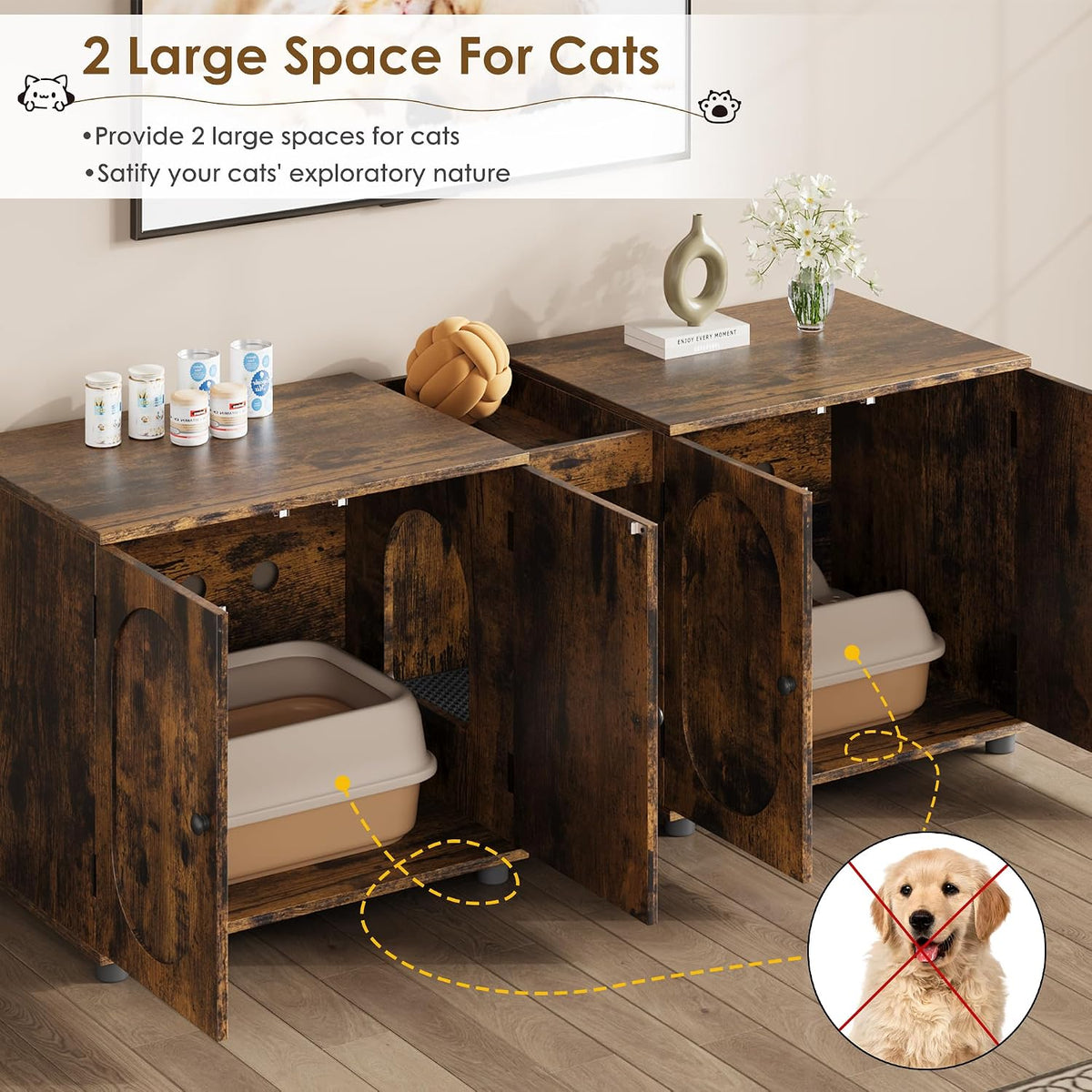 Garvee 55.1" Double Litter Box Enclosure, Retro Cat Box Furniture for 2 Cats, Cat Litter Box Furniture Hidden with Cat Scratch Pad, Large Indoor Pet House with Double Room, Retro Brown Color