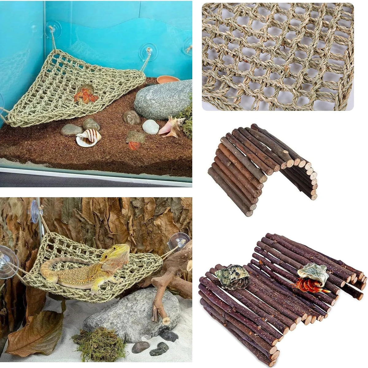 Adullpony Bearded Dragon Tank Accessories Set: Reptile Habitat Decor with Climbing Hammock Toys, Natural Wood Hideout for Hermit Crab, Lizard, Leopard Gecko,Crested,Tortoise, Snake