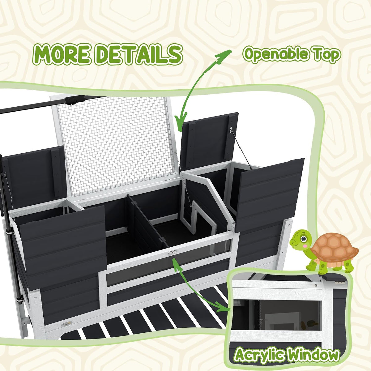 PawHut Tortoise Habitat with Adjustable Lamp Holder, Wooden Tortoise Enclosure with Storage Shelf, Dual Main Houses, Attached Tray, Openable Lid, Gray