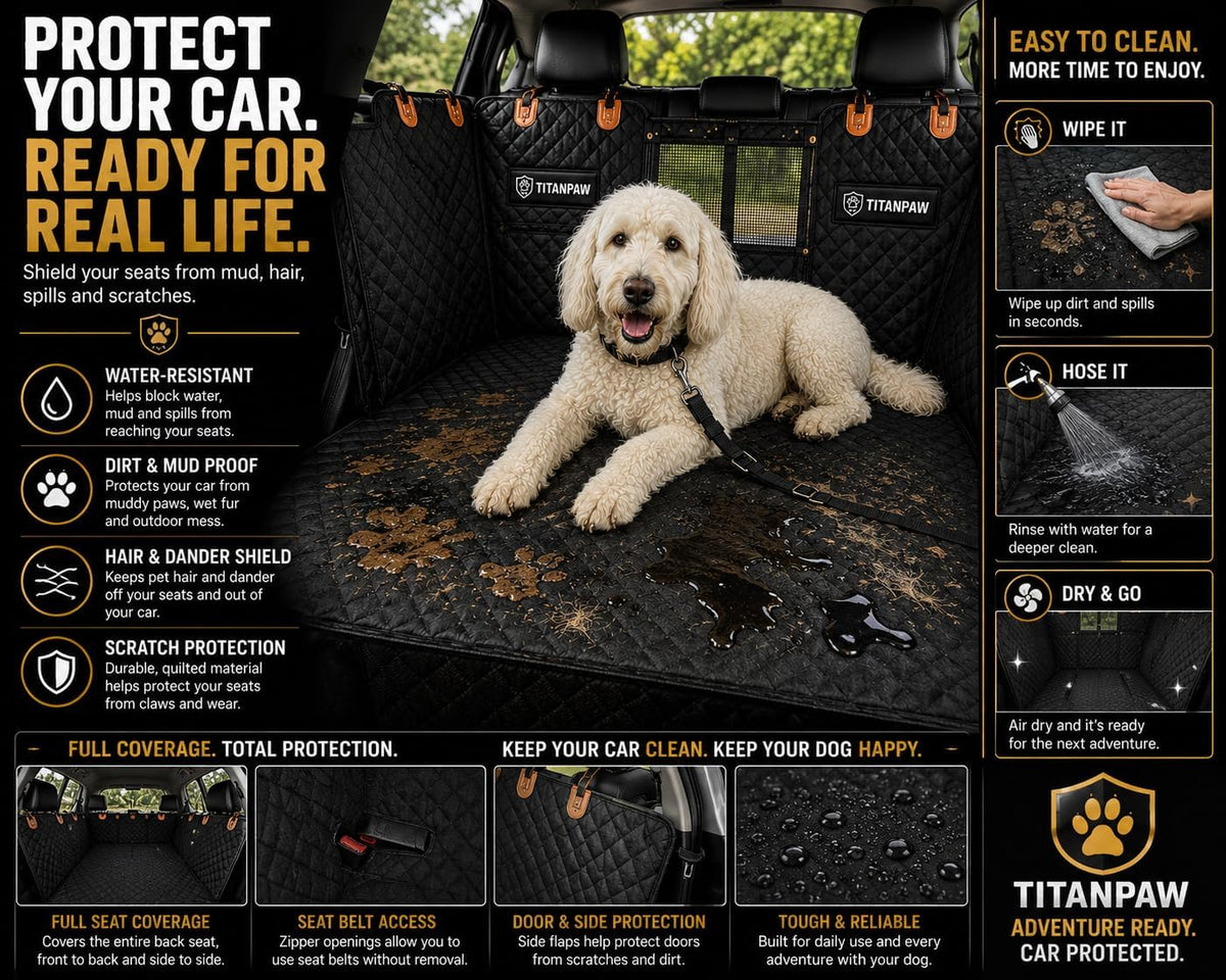 Hard-Bottom Dog Car Seat Cover for Back Seat, Flat Seat Extender for Large Dogs, Waterproof Non-Slip Pet Hammock with 400 lb Support, Fits SUVs, Trucks & Cars