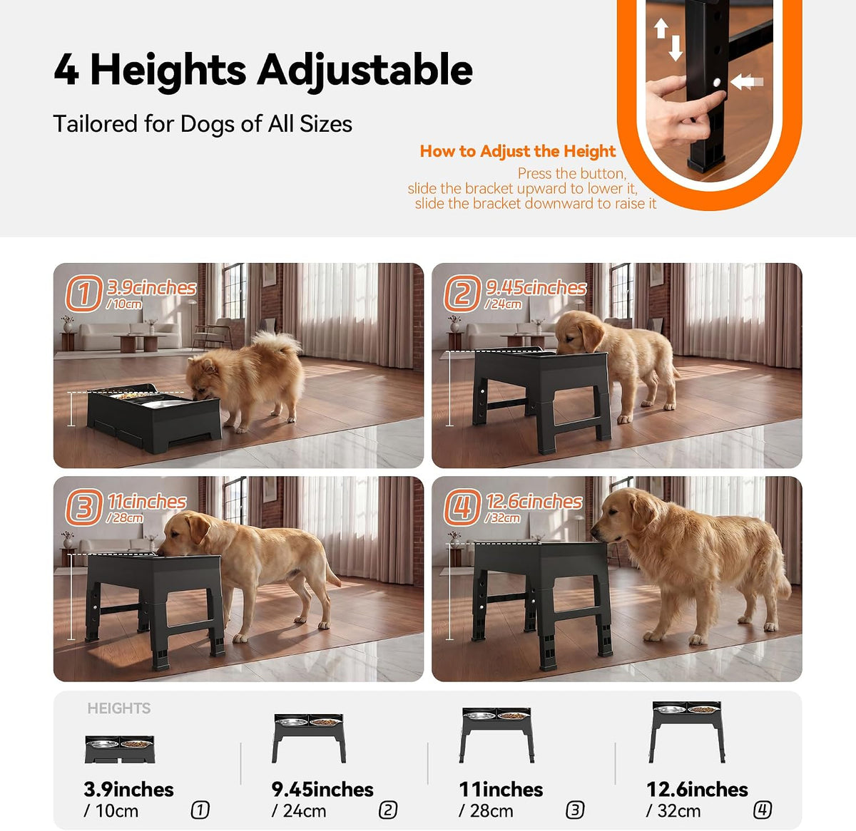 CZPET Elevated Dog Bowls, Splash Guard 4-Height Adjustable, Stainless Bowls