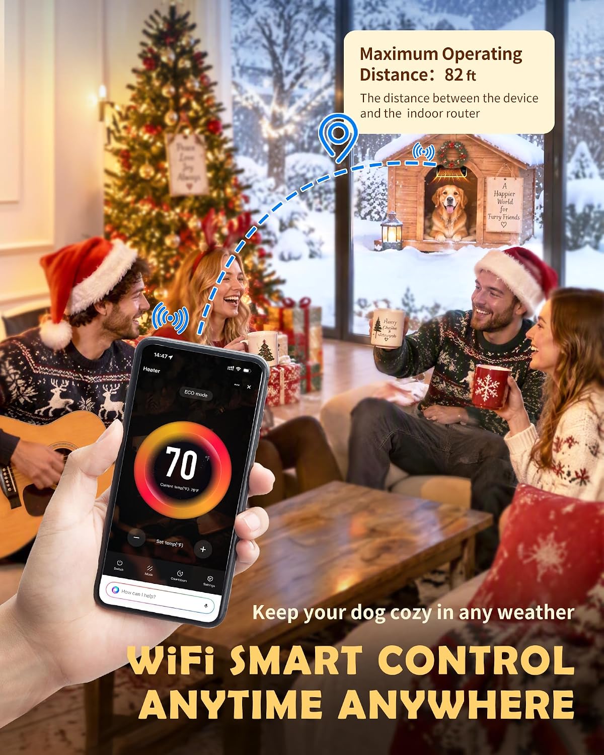 Dog House Heater Indoor,1200W WiFi APP Controlled Heated Dog House with Ambient Light,Thermostat&Timer,3 Heating Modes Pet House Heater for Dog Cat Houses,Chicken Coops,Rabbits