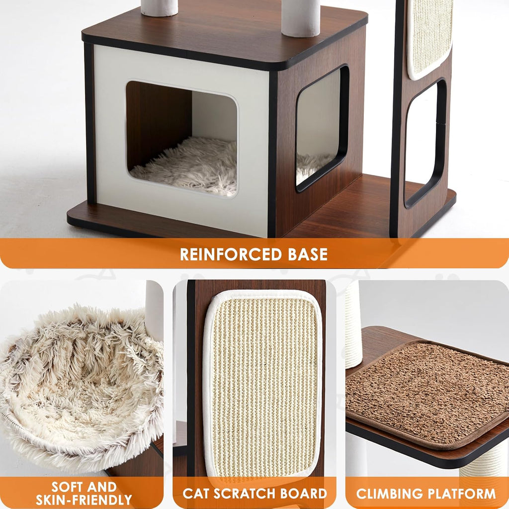 53" Cat Tree, Eco-Wood Cat Tower with Paper-Rope Scratching Post