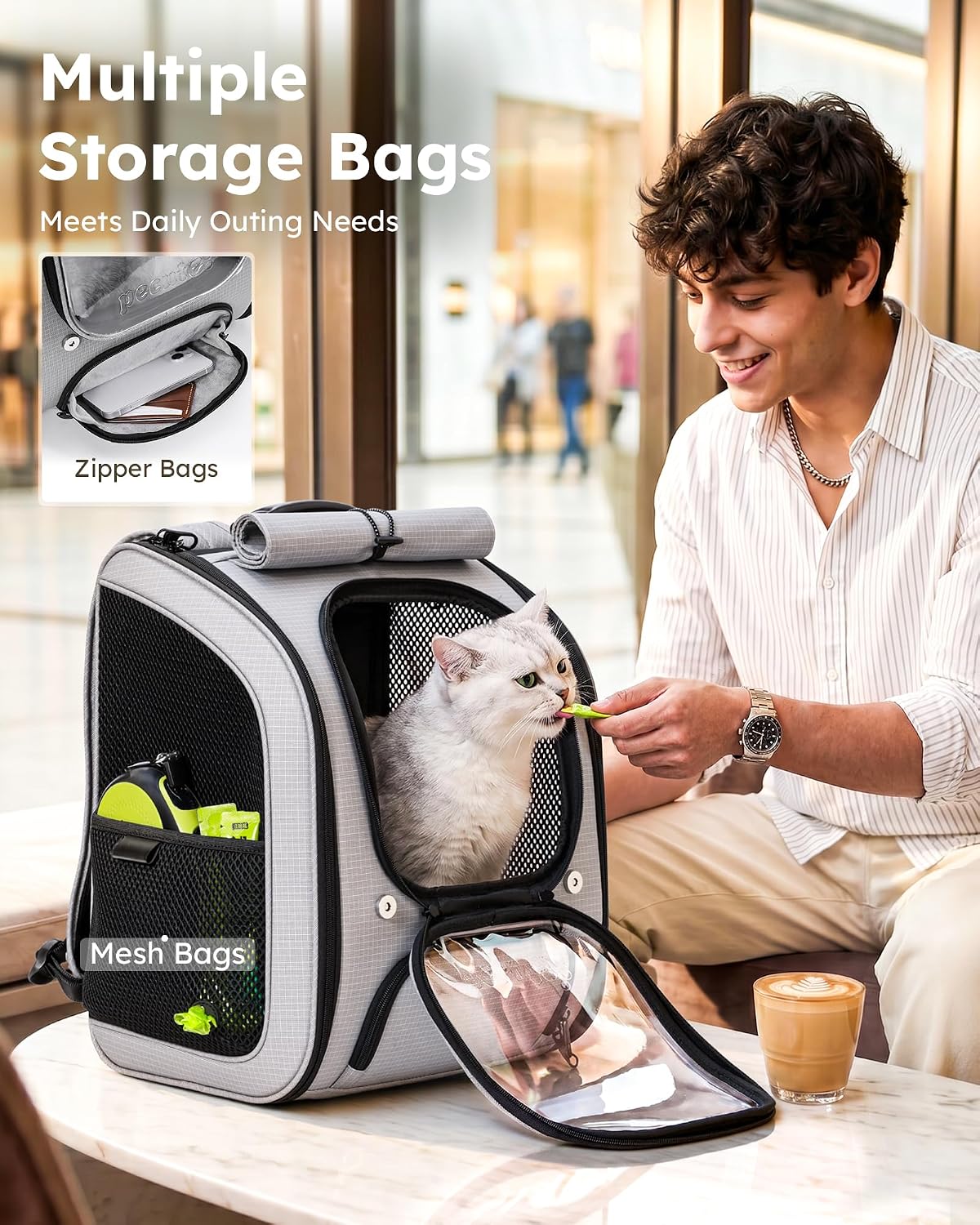 Pecute Cat Backpack Carrier,TPU Leather Dog Backpack,Ergonomic,Light Gray